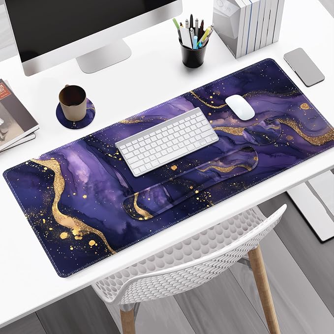 Large Gaming Mouse Pad Set, 4 in1 Ergonomics Keyboard Desk Mat with Memory Foam Wrist Rest, Extended Game Mousepad, Non-Slip Desk Pad Matt Easy Typing Pain Relief I Purple Golden Marble