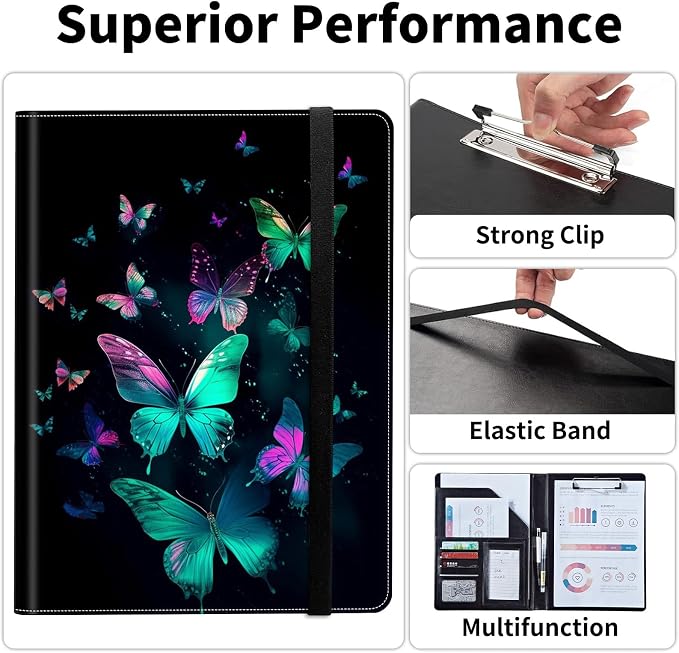 Padfolio/Portfolio Folder Clipboard,Padfolio Clipboard,Writing Portfolio Leather with Cover for Card Holder Slot Letter Size A4 for Office Conference Notepad Clip Boards,Bright Butterfly