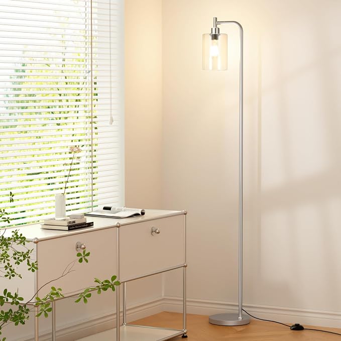 Ziisee Floor Lamps for Living Room - Industrial Standing Lamp with Glass Shade, Modern Floor Lamp with LED Bulbs, Tall Lamp for Bedroom Office - Brushed Nickel