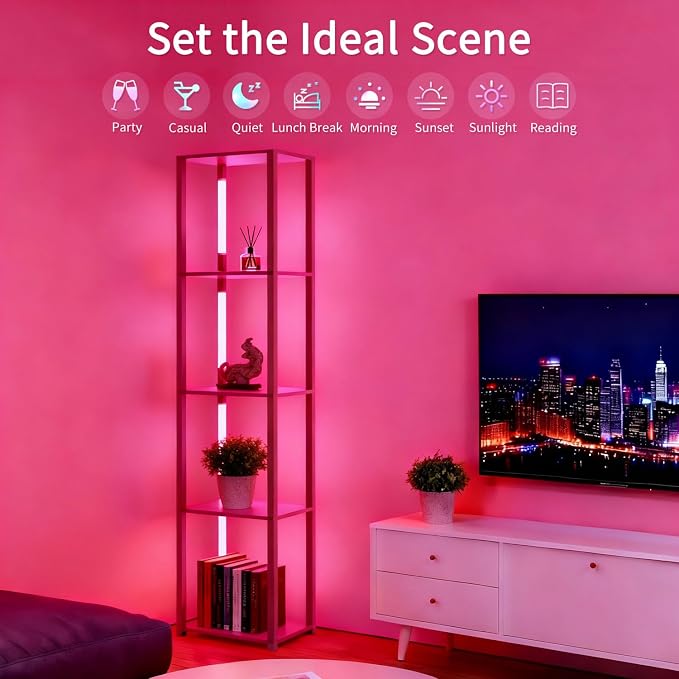 RGBCW Floor Lamp with Shelves, LED Smart Modern Floor Lamp with Music Sync, Color Changing Corner Display Shelf Lamp, Standing Lamp with Shelves for Living Room and Bedroom, Office, Brown