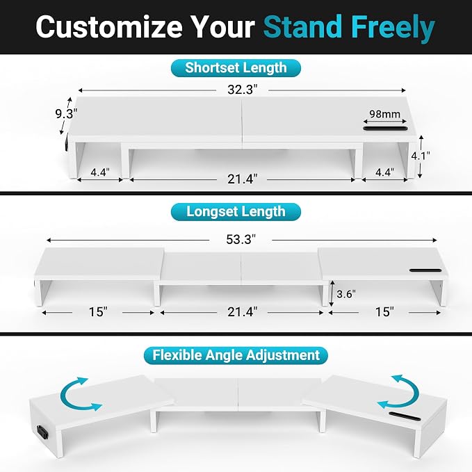 BONTEC Triple Monitor Stand Riser with Smartphone Holder, White | Adjustable Length & Swivel Angle, Ergonomic Wooden Desktop Organizer for PC Monitor, Laptop, Printer, Large Storage, 53.3 in