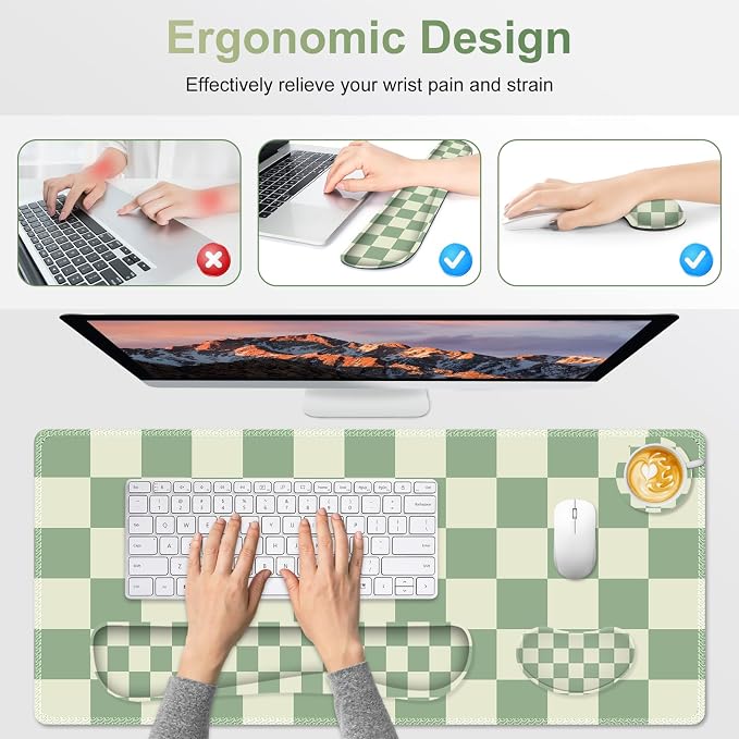 Large Gaming Mouse Pad Set, 4 in1 Ergonomics Keyboard Desk Mat with Memory Foam Wrist Rest, Extended Game Mousepad, Non-Slip Desk Pad Matt Easy Typing Pain Relief I Green Checkered