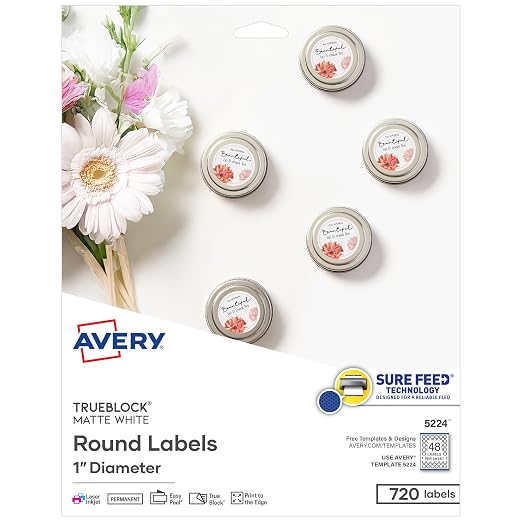 Avery TrueBlock Round Labels, 1" Diameter, Matte White, Sure Feed Technology, Print-to-The-Edge Capability, Laser/Inkjet Compatible, 720 Printable Labels Total (5224)