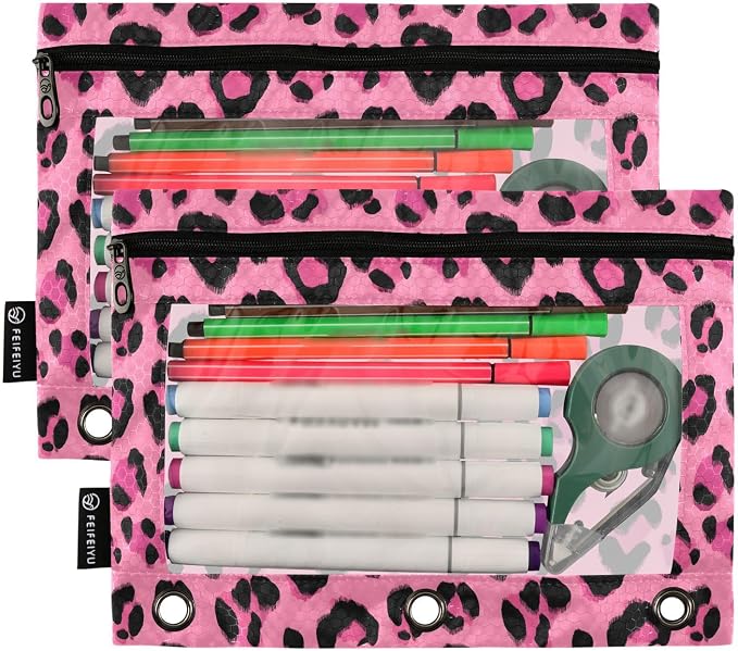 Custom Hot Pink Black Leopard Print Pencil Pouch for 3 Ring Binder, 2 Pack Personalized Name Waterproof Pencil Bags Clear Window Pencil Case School Office Supplies
