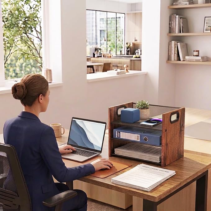 Desk Organizer - 3 Tier Wood & Metal Mesh Desktop Organizer for Office, Home, School, Workspace, Office Desk Organzier for Papers, Mail, Notebooks, Stationery