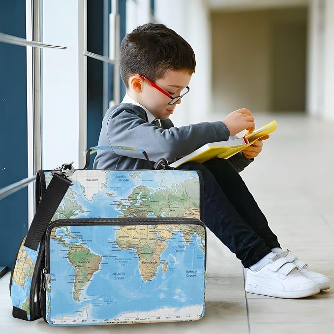 3 Ring Zipper Binder with Shoulder Strap World Map Blaue 1.5 inch Binders Keeper Large Capacity Multi Pockets for School Office Supplies