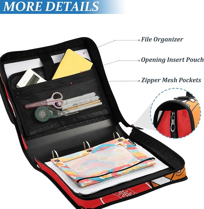Sports Football Red Print Zipper Binder Bag 3 Ring with Shoulder Strap & Handle Multi Pocket Binder Organizer Bag Large Capacity for School Office Supplies