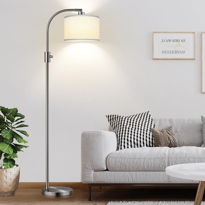 Nintiue Upgraded Modern Arc Dimmable Tall Standing Floor Lamp with Linen Shade, 1200 Lumens LED Bulb Included, for Living & Reading Room, Bedroom, Office & Nursery, Brushed Nickel