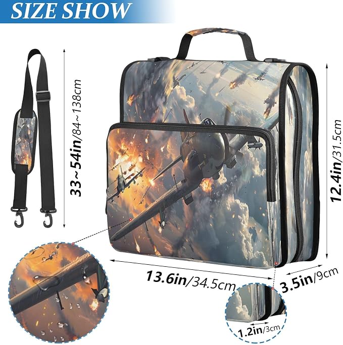 Fighter Jets in Action Zipper Binder 3 Ring with Handle and Shoulder Strap, 500 Sheet Binder Organizer Capacity & Multi-Pockets for School Office