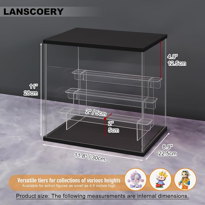 LANSCOERY Acrylic Display Case for Collectibles, 4-Tier LED Light, Black | 3mm clear acrylic panels with front door access and tri-color top light for small figures on a desk or shelf.