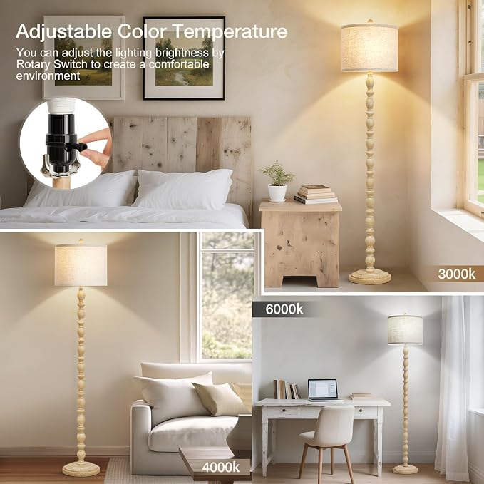 Luvkczc 62" Floor Lamps for Living Room, Adjustable Color Temperature Standing Lamp, Vintage Farmhouse Floor Lamp with Rotary Switch, Rustic Resin Tall Lamps for Living Room, Bedroom, Office, Corner