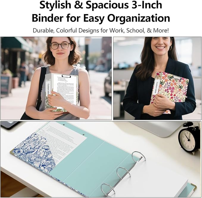 3 Ring Binder 3 Inch, Cute Hardcover Low Profile Clipboard with Storage, 3'' Round Ring Binders for Letter Size Paper, Durable Binder Organizer for School Office Supplies(Vintage Blue Florals)