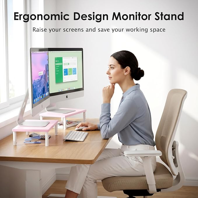 ECOLOVI Adjustable Wood Computer Monitor Stand Riser, Office Desk Organizer and Accessories for Monitor, Laptop, PC, Printer, Office Desk Accessories Workspace Organizer for Home Office Supplies, Pink