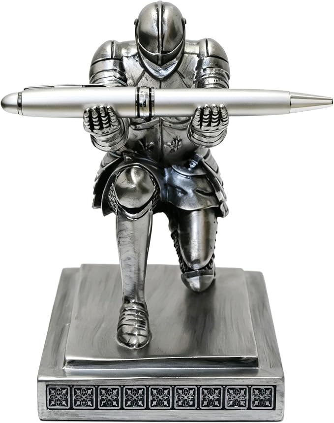 Soldier Executive Knight Pen Holder Personalized Desk Organizers Silver | Desk Accessory Pen Stand for A Gift - Decorative Resin Pencil Holders Desk Organizer For Men