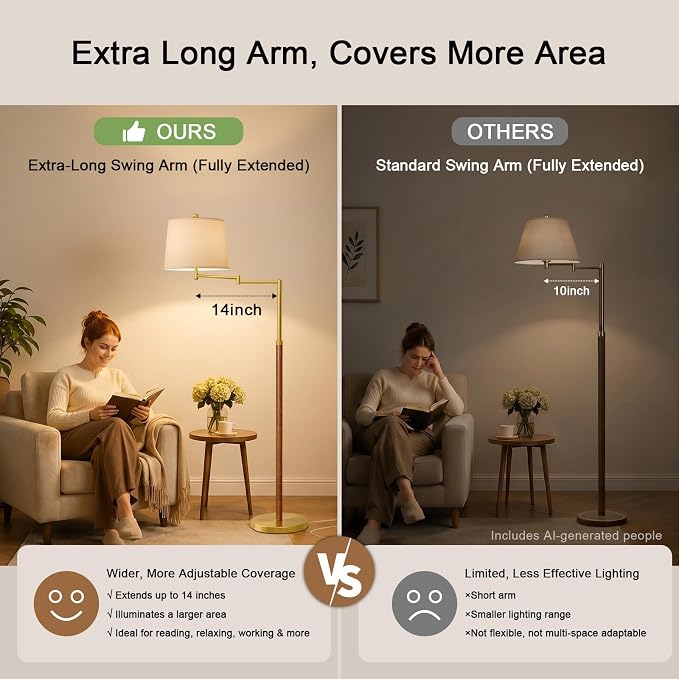G-SAFAVA Real Wood Floor Lamps for Living Room Bedroom, 61" Floor Lamp with 350° Adjustable Swing Arm Vintage Lamps for Living Room