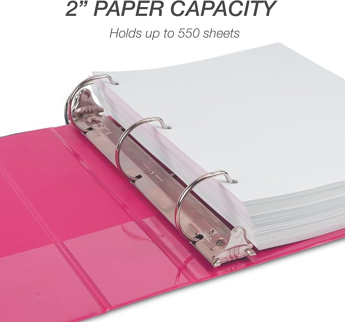 Samsill Durable 2 Inch Binder, D Ring Binder, Customizable Clear View Cover, Dragonfruit, Holds 475 Pages