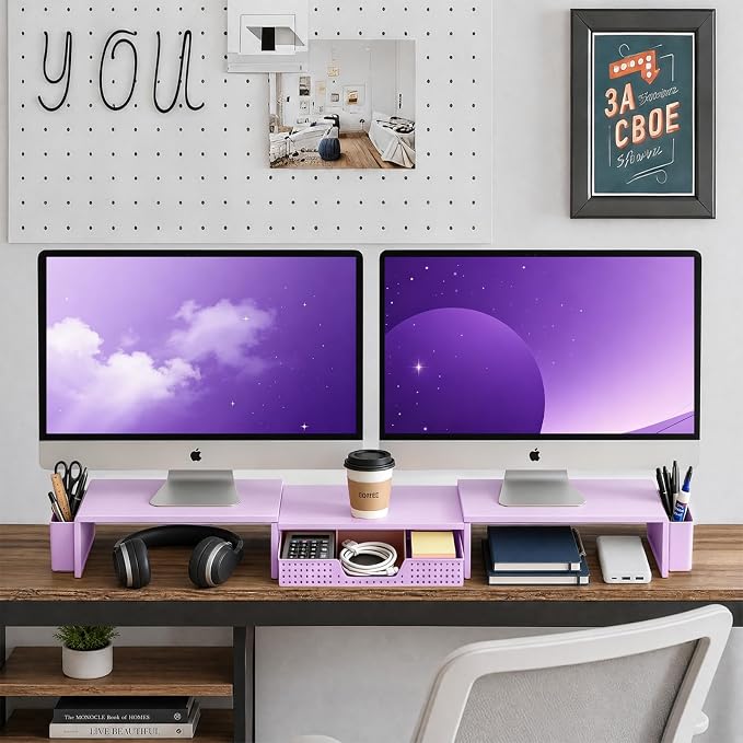 LEKETREE Dual Monitor Stand Riser with Drawer, Desk Organizer and Accessories, Monitor Stand for Desk, Desktop Stand for Computer, Laptop, TV and More (Purple)