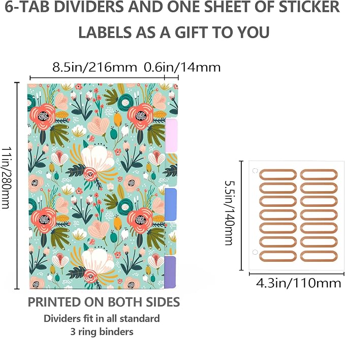 3 Ring Binder 1 Inch, Cute Round Ring Binders with 6 Tab Dividers, Labels Stickers, Low Profile Clipboard with Storage, Fashion Binder School Office Supplies(Green Floral)