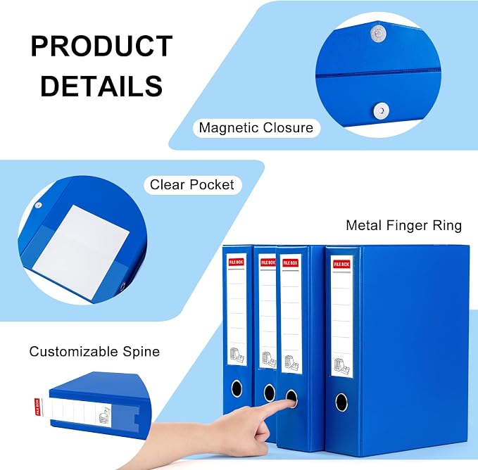 Storage File Boxes 4 Pack, Foldable File Box with Clip, 88mm Spine, Blue | Archives Cases with Magnetic Closure, Plastic Document File Organizer Storage