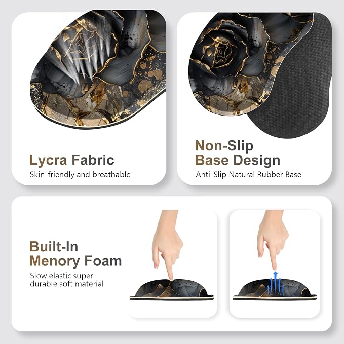 Desk Mat Pad, Gaming Mouse Pad Wrist Support Set, 4 in1 Non-Slip XXL Large Mousepad + Ergonomic Keyboard Wrist Rest+Mouse Wrist Rest+Coaster for Home Office PC Computer I Black Gold Floral