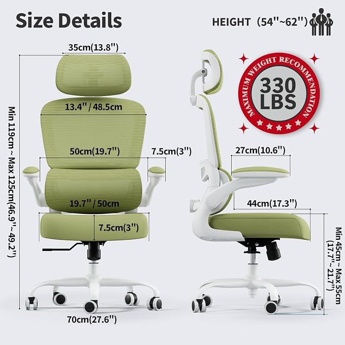 TRALT Office Chair Ergonomic Desk Chair - Gaming Chair with Lumbar Support | 330 LBS Home Office Desk Chairs with Headrest, Reading Chair with Flip-up Armrests, Comfortable Computer Chairs (1, Green)