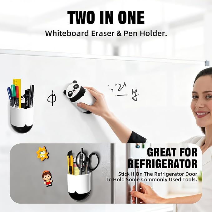 Cute Panda Magnetic Pen Holder, Strong Magnet for Glass Whiteboard, Refrigerator & Locker - Marker Organizer, Dry Erase Marker Holder for School, Home & Office (Black/White)