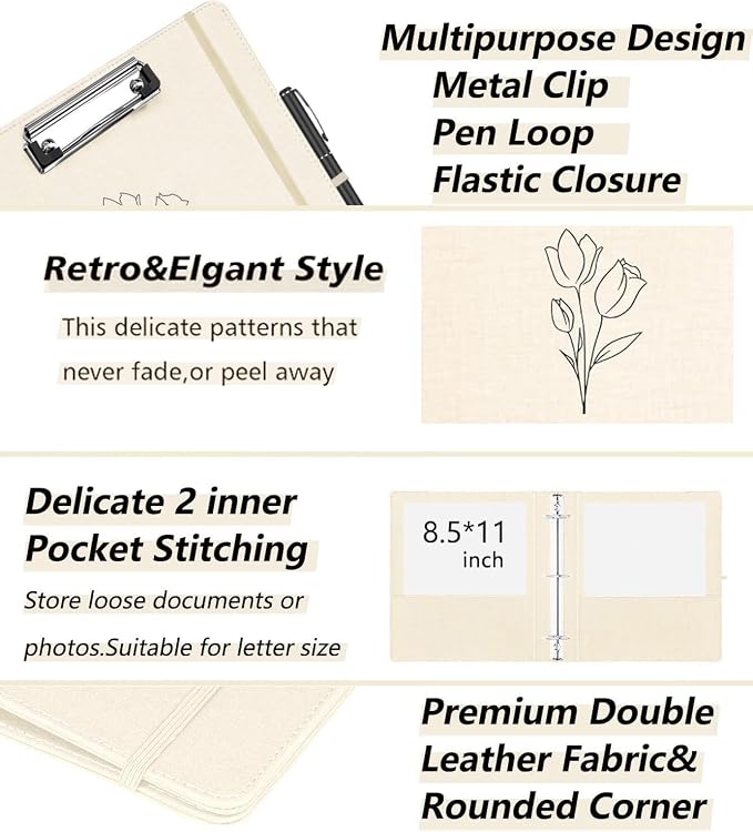 2 Inch 3 Ring Linen Binder Organizer, BVSSX Three Ring Binders with Clipboard, Plastic Folder, 5-Tabs Pocket Dividers with Sticker Labels, Pen Loop, Elastic Strap (Tulip, Letter Size)