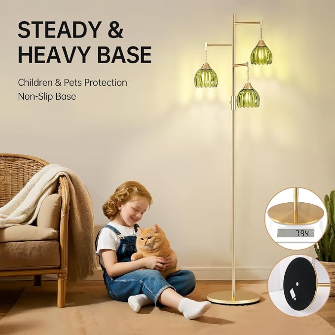 Shenmoyl Stepless Dimming Floor Lamps for Living Room, Bedroom, Gold Standing Lamp with 3pcs 6W Bulbs, Vintage Brass Floor Lamp for Corner, Nursery (Green Tulip)