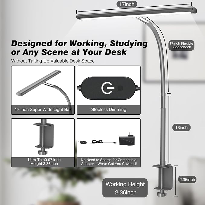 Airlonv LED Desk Lamp with Clamp, 17" Stepless Dimming Light, Grey | 2700K-6500K, 100 LEDs, 360° Gooseneck, Fits Up to 30" Monitors, Flicker-Free Lighting for Home Office, Study& Workbench