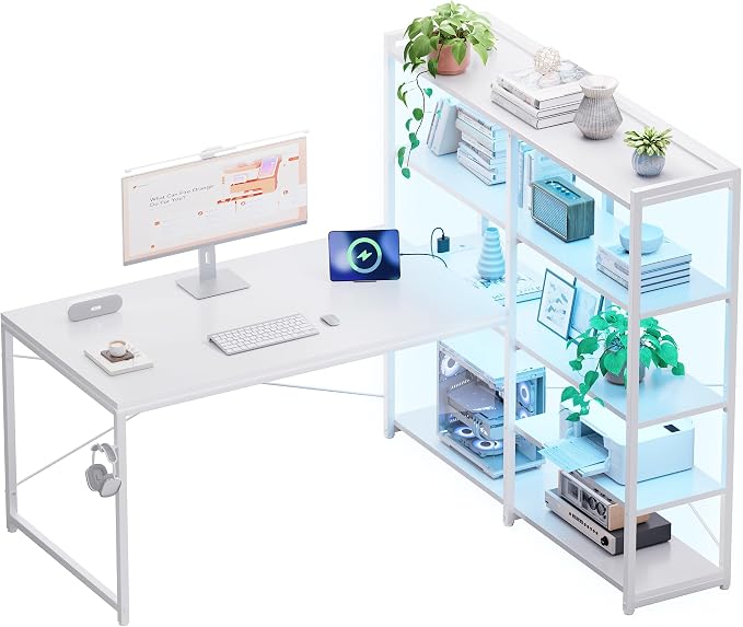 Pamray 49 Inch L Shaped Gaming Computer Desk with Shelves and Storage | Compact Reversible Design with LED Lights & Power Outlets, Suitable for Home Office Bedroom Small Spaces and Dorm Study Work