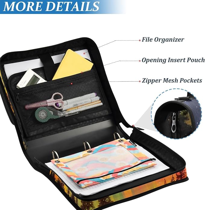 3 Ring Zipper Binder with Shoulder Strap Aurora Borealis Rainbow Tree 1.5 inch Binders Keeper Large Capacity Multi Pockets for School Office Supplies