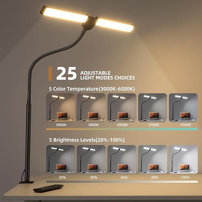 Motumen Led Desk Lamp for Home Office, Eye-Care Desk Light Clamp, Black | Smart Double Head Computer Monitor Table Clip Lamp, Adjustable Flexible Goose-Neck, 25 Lighting Models, Task Lamp