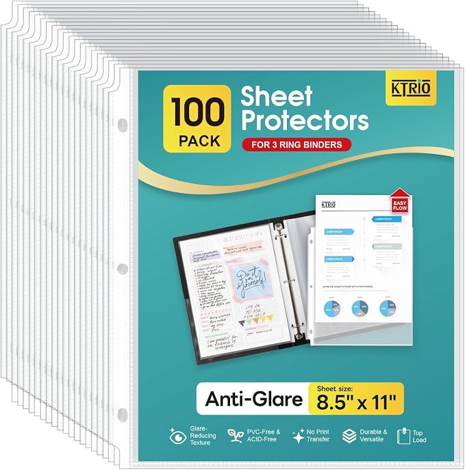 KTRIO Non Glare Sheet Protectors for 3 Ring Binder 100 Pack, 8.5 x 11 inch | Reduce Glare Clear Page Protectors Letter Size Plastic Paper Sleeves, Acid-Free, Top Loading, Business Office School Supplies