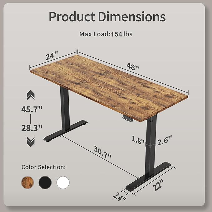 Agilestic Electric Standing Desk, 48 x 24 Inches Height Adjustable Desk, Sit Stand up for Work Office Home, Ergonomic Rising Computer Table with Memory Preset, Rustic Brown