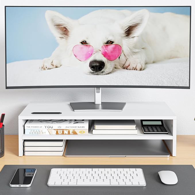 BONTEC Wood Monitor Stand Riser, 2-Tier Desktop Organizer | Ergonomic Computer Stand for Desk, Cable Management, Cellphone Holder, 21.3 Inch Shelf, White