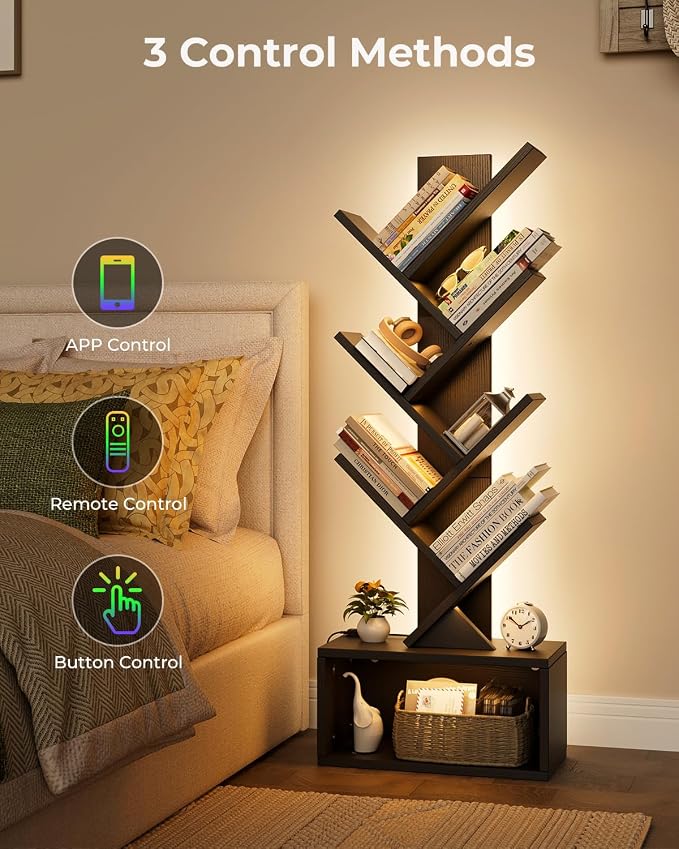 Evermagin 6 Tier Tree Bookshelf with Lights, LED Book Tree Bookcase | Black with Storage Organizer, Small Corner Bookshelf Floor Standing Book Shelf for Living Room, Bedroom & Home Office