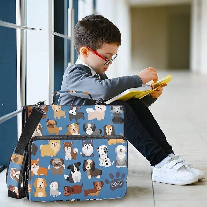 Dogs Cute Blue Print Zipper Binder Bag 3 Ring with Shoulder Strap & Handle Multi Pocket Binder Organizer Bag Large Capacity for School Office Supplies