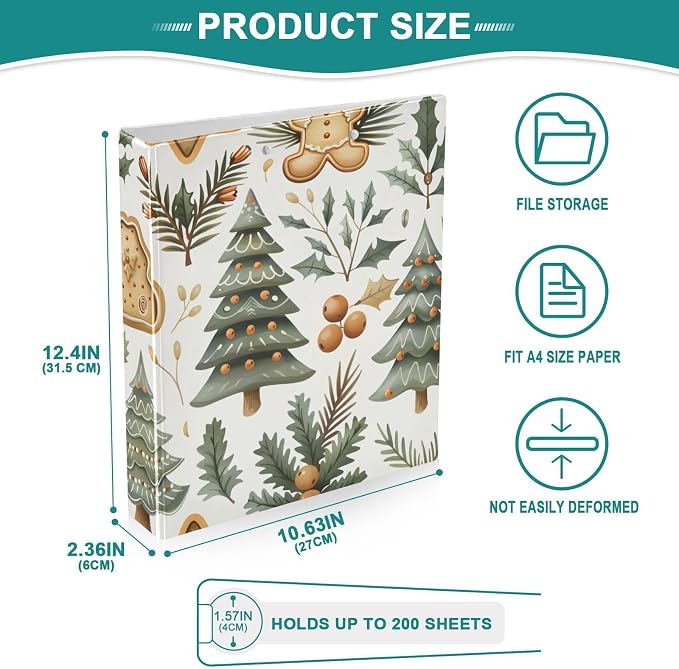 Gingerbread Plant Green Christmas Tree Cookie 3 Ring Binder with 2 Interior Pockets 1.5 inch Binders 3 Ring Heavy Duty Fit 8.5" x 11" Letter Size for Office School, 2 Pack