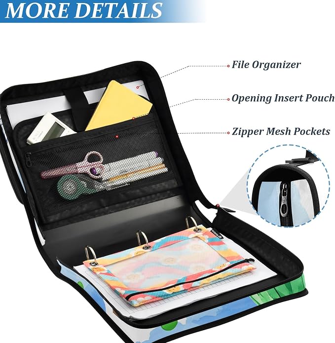 Hot Air Balloon Watercolor 3 Ring Zipper Binder Bag Binder Organizer with Handle Shoulder Strap for School Work Office Supplies