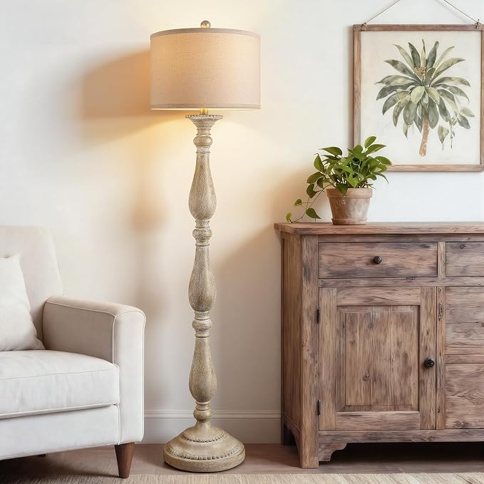 Vintage Floor Lamp for Living Room, Rustic Farmhouse Standing Lamp with Rotary Switch and Linen Shade, Retro Resin Floor Lamp for Bedroom, Corner, Dining Room, House Decor, Grey