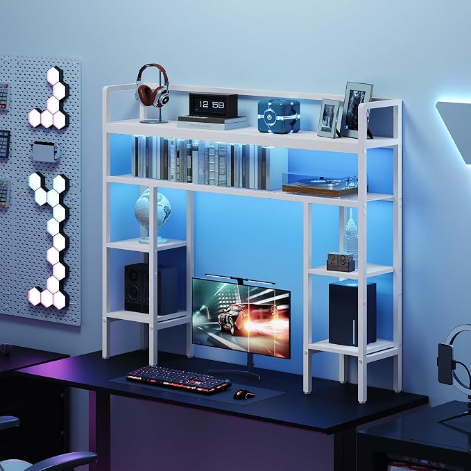 MAHANCRIS Desk Shelf, 43.3" Desk Hutch with Light Strip | Office Desktop Organizer, 5 Tier Desktop Bookshelf for Computer Monitor, Storage Rack for Study, Home Office, White