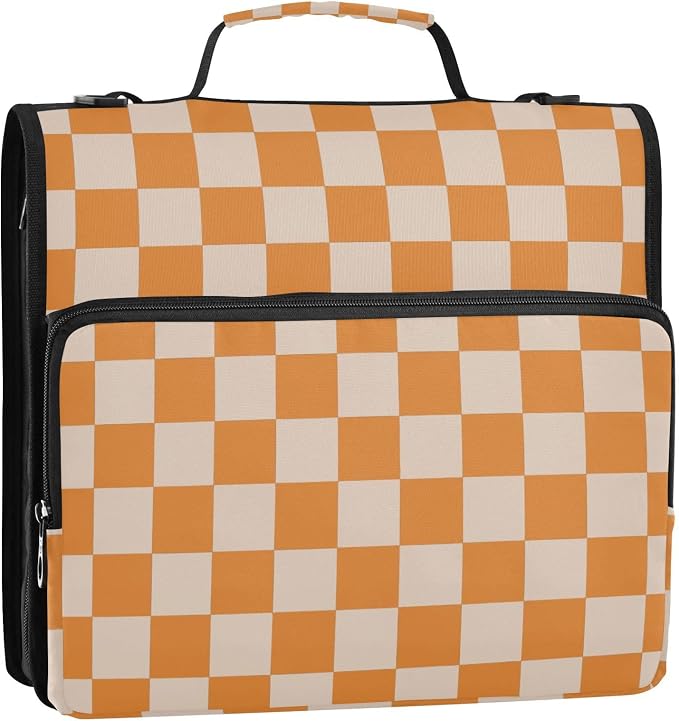 3 Ring Zipper Binder with Shoulder Strap Orange Checkerboard 1.5 inch Binders Keeper Large Capacity Multi Pockets for School Office Supplies