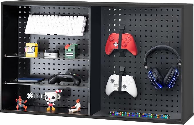 Pegboard Cabinet with Glass Door, Wall Mounted or Freestanding Storage Display Case, Black, LF-GDPC1