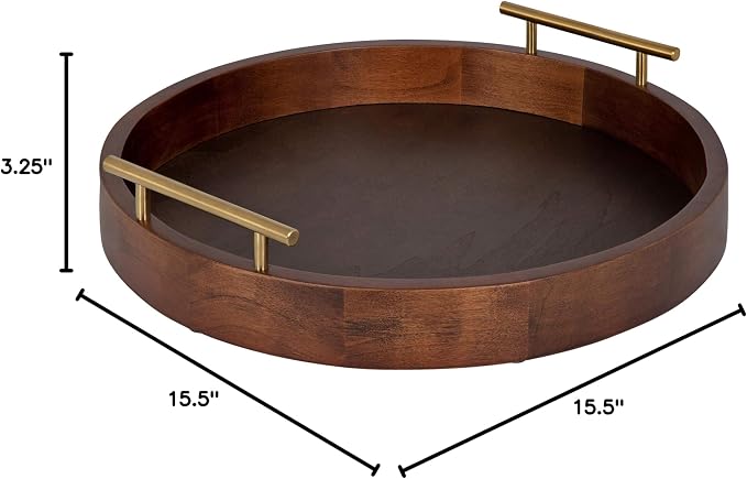 Kate and Laurel Lipton Mid-Century Modern Round Wooden Tray, 15.5" Diameter, Dark Walnut Brown with Gold Handles, Decorative Accent Tray for Storage and Display