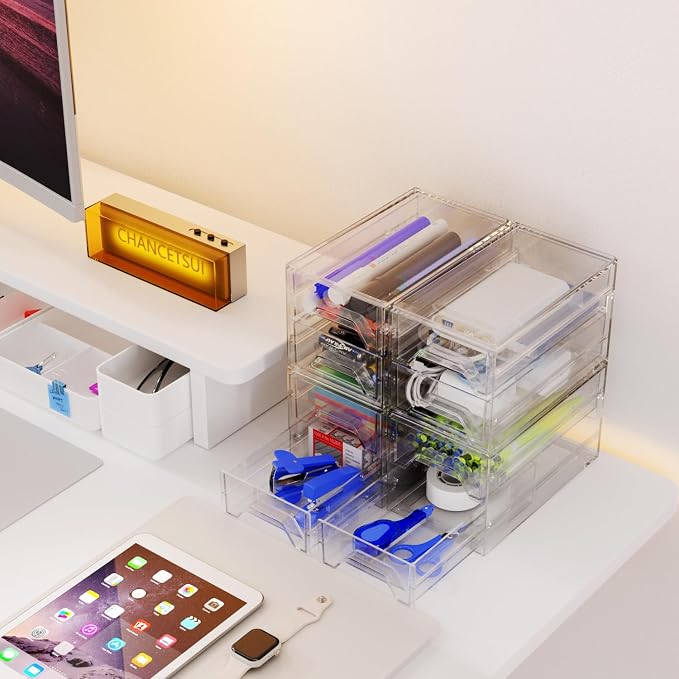 Acrylic Stackable Drawer Storage Organizer: Slim Desk Mini Drawers | transparent Plastic deep desktop makeup clear compartment holder countertop
