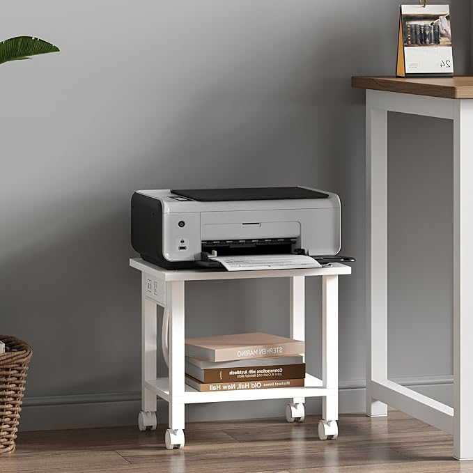 TUTOTAK Printer Stand, 2 Tier Rolling Printer Cart with Charging Station | Small Under Desk Printer Table with Wheels for Small Space, Office, Home, White PS01BW001