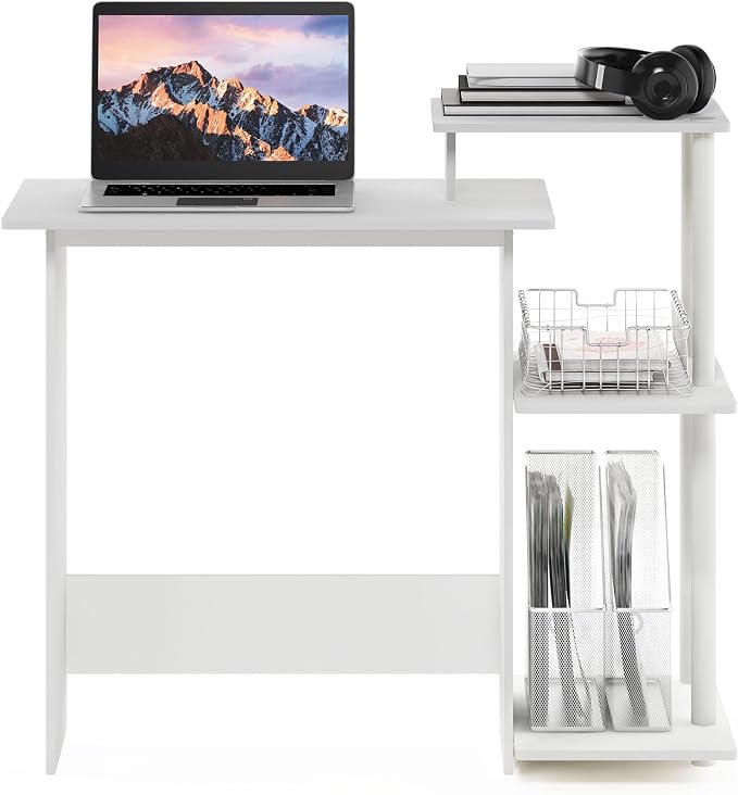 Furinno EFFICIENT Desk, 28.6" Wide Gaming Desk with 3 Open Side Shelves, Laptop Notebook Computer Desk, Office Desk for Home Office, Study Room, Dorm, Bedroom, White