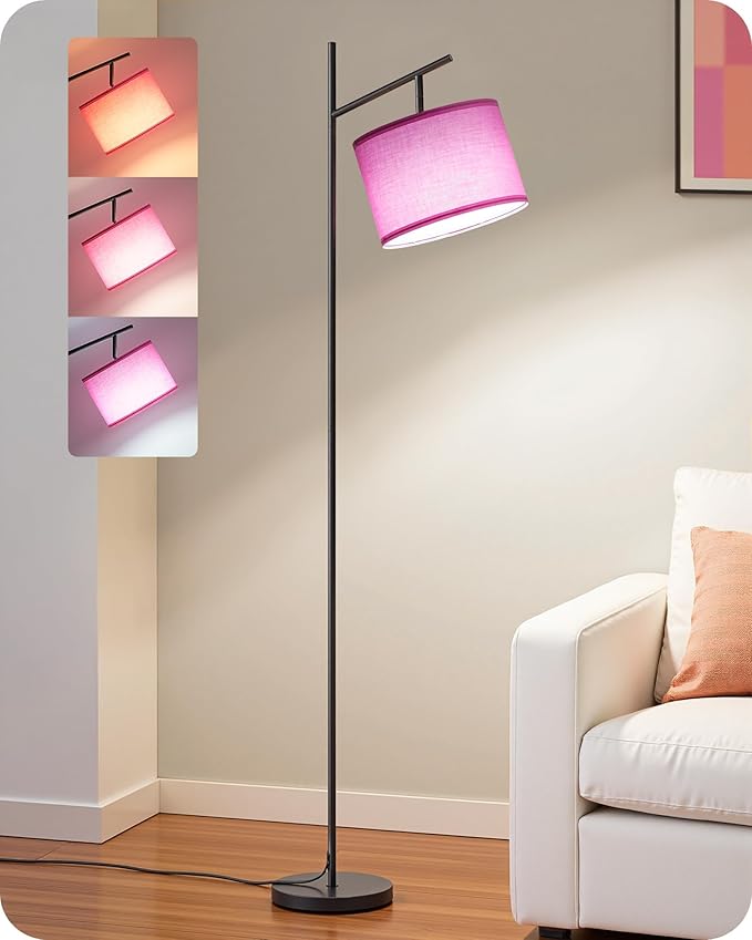 EDISHINE Pink Modern Floor Lamps for Living Room, 64.7" Arc Standing Lamp | 3CCT LED Bulb Included, Adjustable Linen Shade, Foot Switch, Tall Light for Office, Bedroom, Living Room