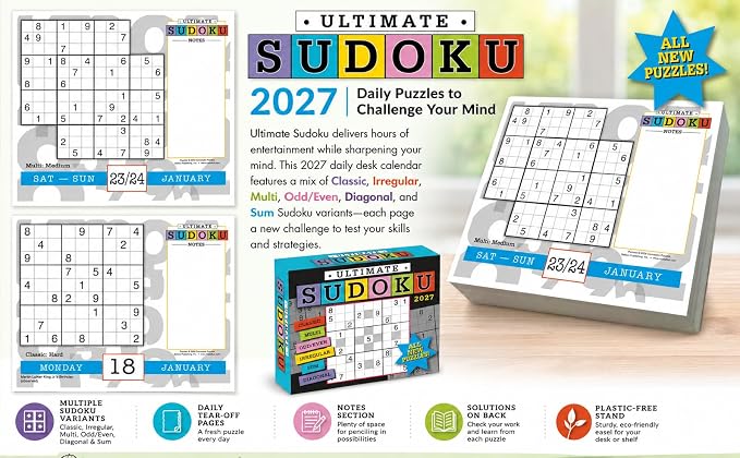 Ultimate Sudoku 2027 Daily Desk Calendar: Boxed Page-a-Day Puzzle Calendar with Day-to-Day Classic, Irregular, Multi, Odd/Even, Diagonal & Sum Variants