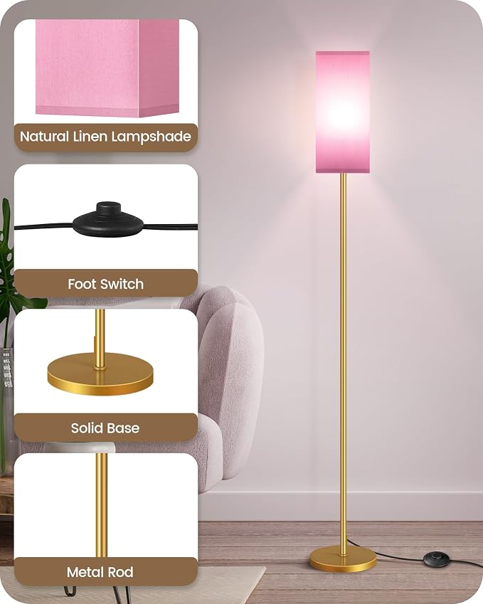 Floor Lamp, Pole with Foot Switch, Modern Standing Lamp Lampshade, Minimalist Freestanding Lamp (Bulb Not Included), for Living Room, Bedroom Office ETL Listed, Gold and Pink DP07LD05